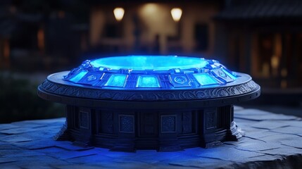 Poster - A glowing blue object sits atop a stone structure at dusk