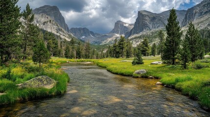 Aufkleber - A serene landscape reveals a river flowing between mountains and trees