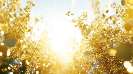 Poster - Bright sunlight shines through golden leaves and branches gently