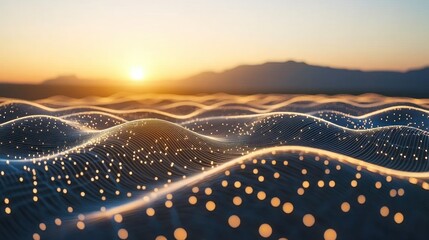 Poster - Illuminated lines and dots create waves across a sunrise landscape