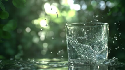 Poster - Water splashing in a glass against a blurred green background
