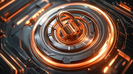 Poster - A futuristic golden padlock surrounded by illuminated concentric circles