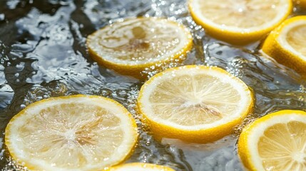 Poster - Sliced lemons simmering in hot liquid creating some bubbles nearby