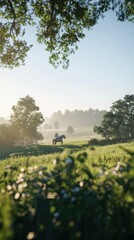 Poster - A rider on horseback moves through a misty meadow landscape peacefully