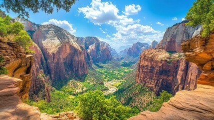 Poster - Majestic view overlooking the green valley between towering canyon walls