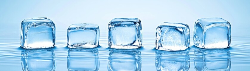 Poster - Five clear ice cubes resting on reflective rippled blue water