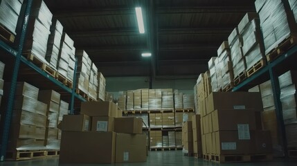 Poster - Warehouse interior displaying stacked boxes and packaged goods on shelves