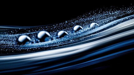 Poster - Blue iridescent droplets and streams of light moving across darkness