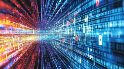 Poster - Abstract data streams and security locks traversing a digital world