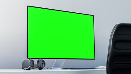 Poster - Modern workspace featuring a green screen computer monitor and headphones, A smooth camera movement from a low perspective upward.