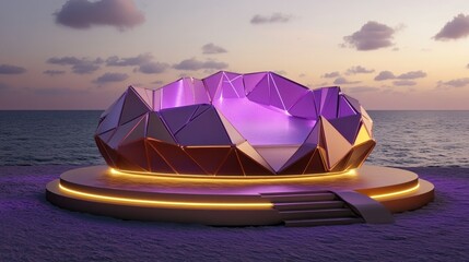 Poster - A geometric illuminated structure rests by the ocean shore