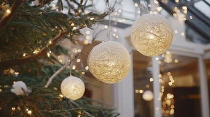 Poster - Illuminated decorative sphere lights hung from a green tree branch