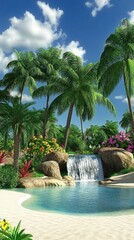 Aufkleber - Beautiful tropical paradise scene featuring waterfall and palm trees under a blue sky