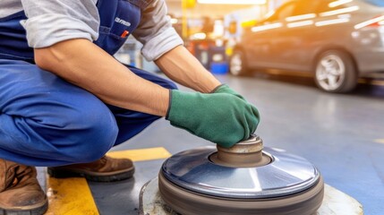 Poster - A mechanic working on a machine in a car repair workshop