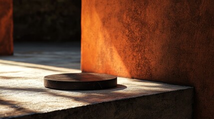 Poster - A Round Platform Stands Beside Textured Orange Walls in Sunlight