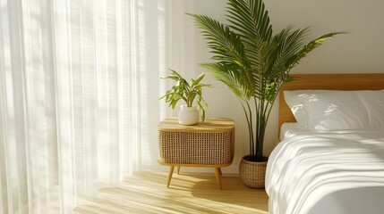 Poster - A bright bedroom corner shows furniture and plants in sunlight