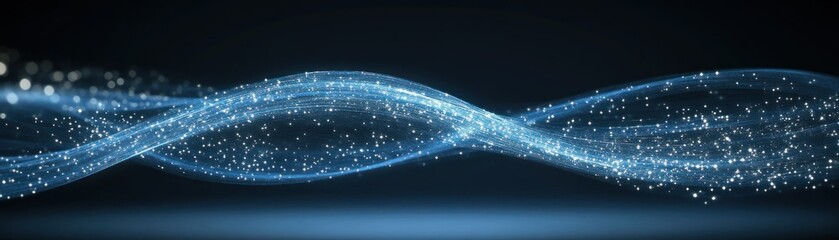 Poster - Blue ethereal flowing ribbons with sparkling particles in the dark space