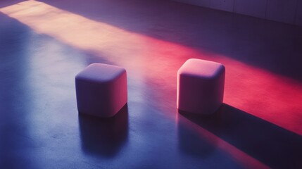 Poster - Two square cushioned seating objects sit within colored lighting