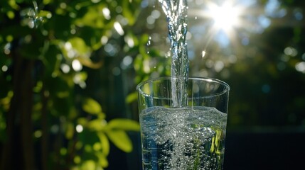 Poster - Crystal clear water is pouring into a glass from above