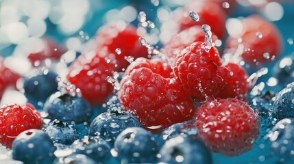 Poster - Fresh Raspberries And Blueberries With Water Splashes Appearing Vibrant