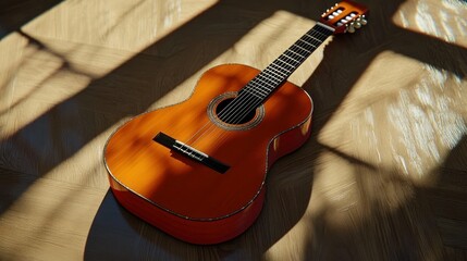 Poster - A classical acoustic guitar rests upon a wood grain floor