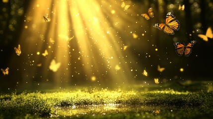 Poster - The beautiful butterflies are flying through a golden sunlit forest scene