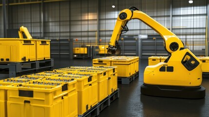 Poster - A yellow robotic arm placing containers in a warehouse setting
