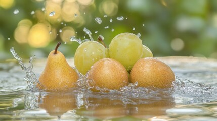 Poster - Fresh fruit is splashed with water creating a dynamic display