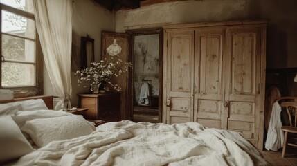 Poster - A rustic bedroom shows a bed and large wooden wardrobe