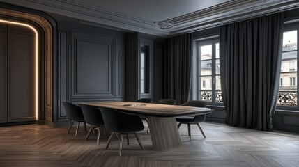 Poster - A modern conference room featuring a wooden table and chairs