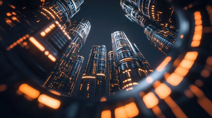 Poster - Futuristic city skyscrapers with illuminated architectural design details at night