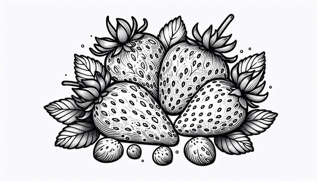 Outline illustration of strawberries. Detailed line drawing for coloring and kitchen decor