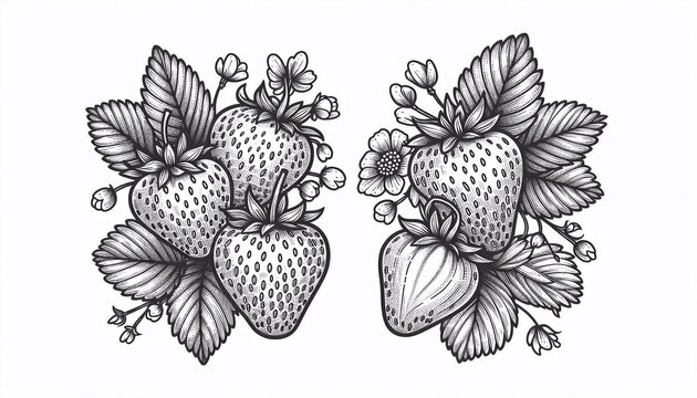 Outline illustration of strawberries. Detailed line drawing for coloring and kitchen decor