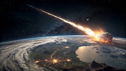 Wall Mural - A large meteor hurtling towards Earth, creating a fiery explosion upon impact.