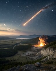 Wall Mural - A large meteor hurtling towards Earth, creating a fiery explosion upon impact.