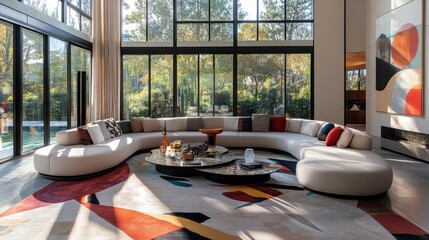 Poster - Curved design showcase modern living room gigapixel art abstract space eye-level perspective unique aesthetic