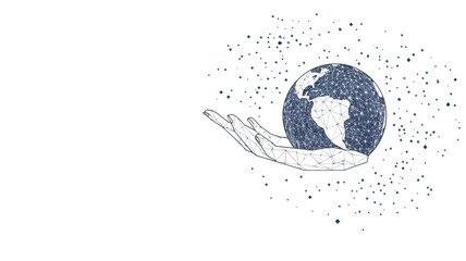 Poster - Abstract Polygonal Earth in Hand on White Background, Minimalist Vector, Planet and Stars Illustration, Global Connection, Environmental Awareness, Digital World Graphic