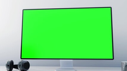 Poster - Modern workspace featuring a green screen computer monitor and headphones, A smooth camera movement from behind the chair, moving from left to right.