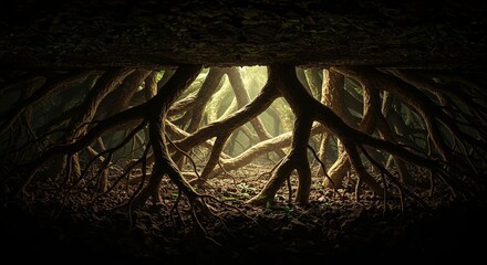 Poster - A dark image of roots and leaves with a mood of mystery and intrigue