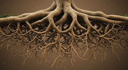 Poster - A tree root is shown in a close up, with the roots extending out from the trunk