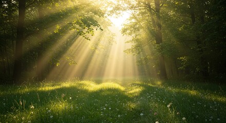 Poster - A bright sunny day in a forest with a field of grass and dandelions