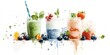 © Iryna Matukhno - Colorful Watercolor Illustration of Refreshing Smoothies Showcasing Vibrant Fruits and Mint Leaves in Artistic Jars