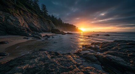 Aufkleber - A beautiful sunset over the ocean with a rocky shoreline