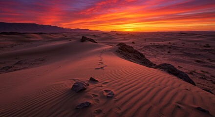 Poster - A desert landscape with a large rock and a sunset in the background