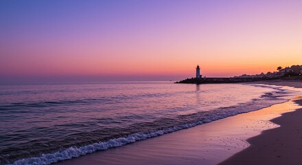 Poster - The ocean is calm and the sky is a beautiful shade of purple