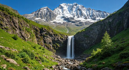 Poster - A mountain range with a waterfall in the foreground