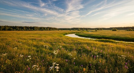 Poster - A field of flowers with a river running through it