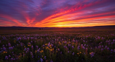 Poster - A field of flowers with a beautiful sunset in the background