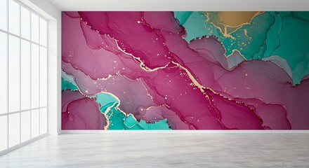 Poster - A wall with a purple and green swirl pattern and gold accents