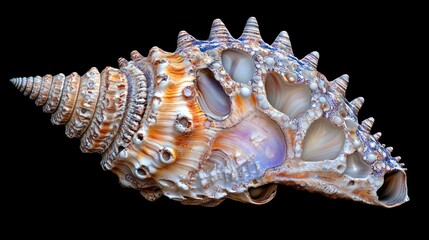 Poster - Close-up of a large, intricately patterned sea shell with vibrant colors and textures, isolated on a black background.